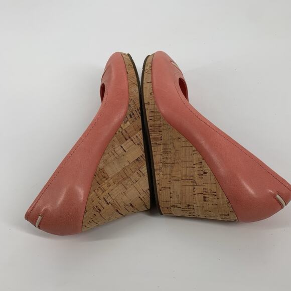 $225 Sebago Chiffon Leather Cork Wedge Peep Toe Sandals 7.5 Womens Salmon Pink - Picture 6 of 8